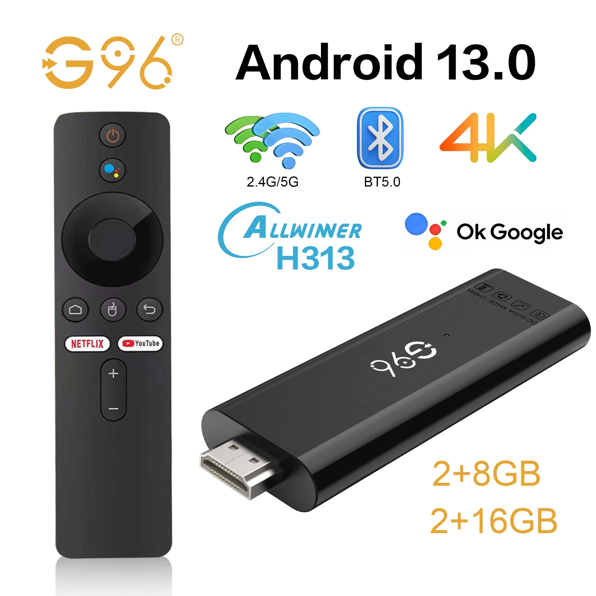 

G96 ATV Q6 TV Stick Android13 Allwinner H313 Netflix Chromecast Dual WiFi Support 4K Video BT5 Google voice control Smart TV Box