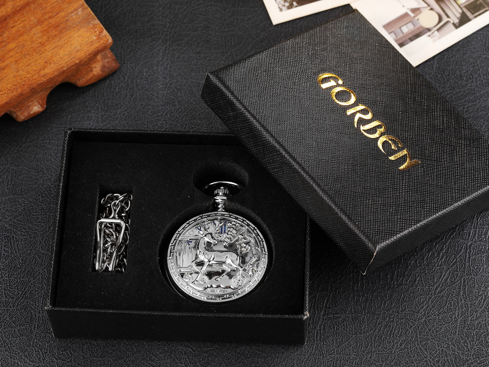 Luxury Deer Pattern Mechanical Pocket Watch Vintage Double Side Steampunk Fob Clock Male Necklace Watch Chain Women Men 2023