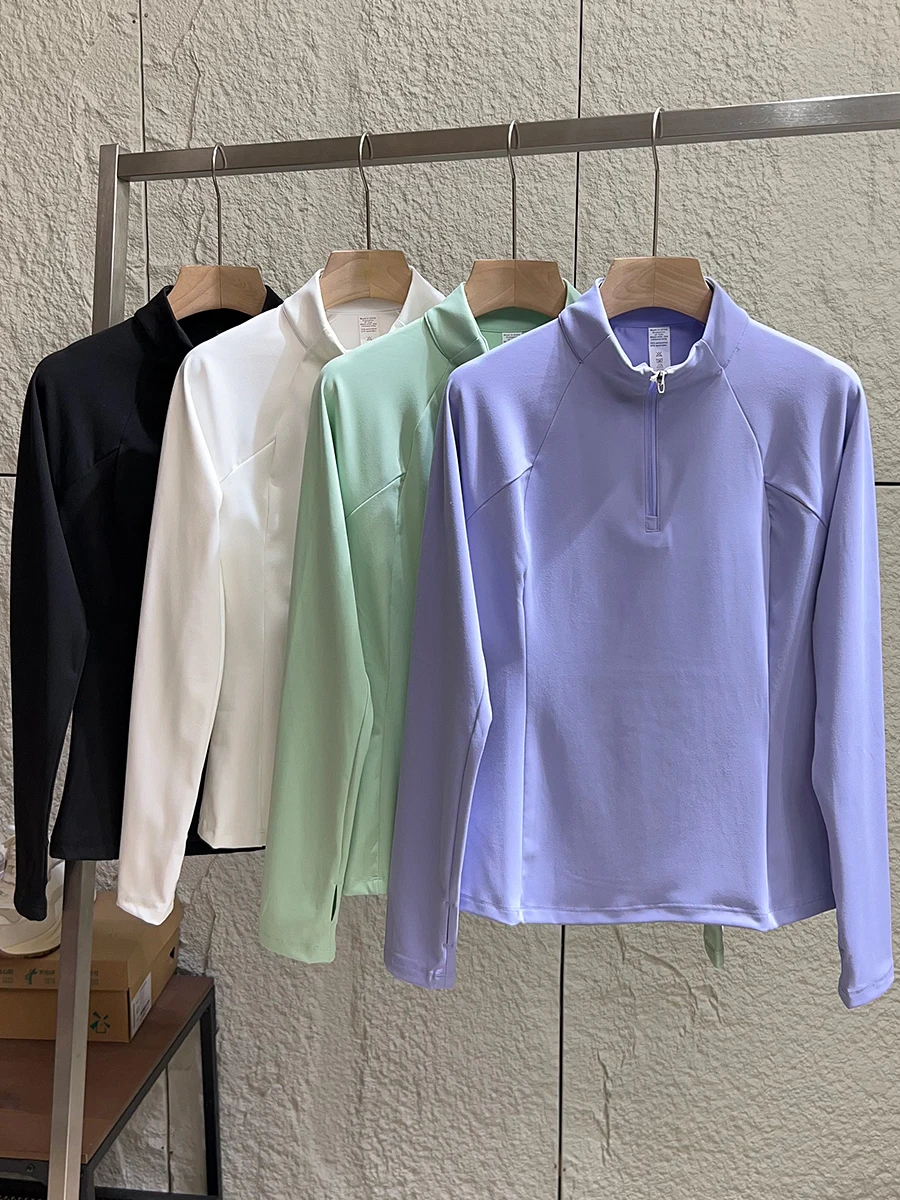 Elastic Slim Fit Fleece Lined Long Sleeve Cycling Base Shirt Half Zipper Mountain Climbing T-Shirt for Women Sporty Style