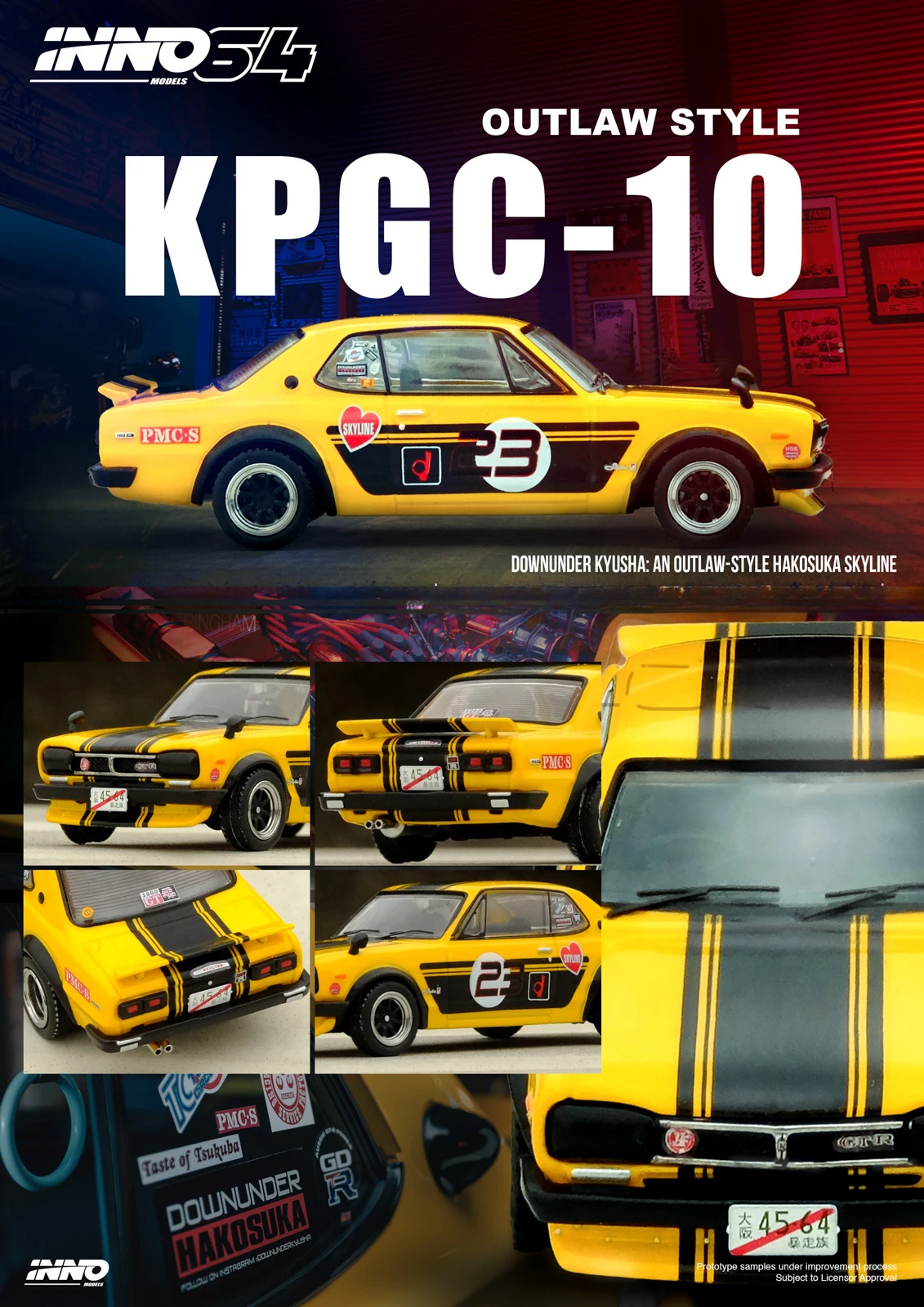 

INNO 1:64 SKYLINE 2000 (KPGC10) YellowBlack Diecast Model Car