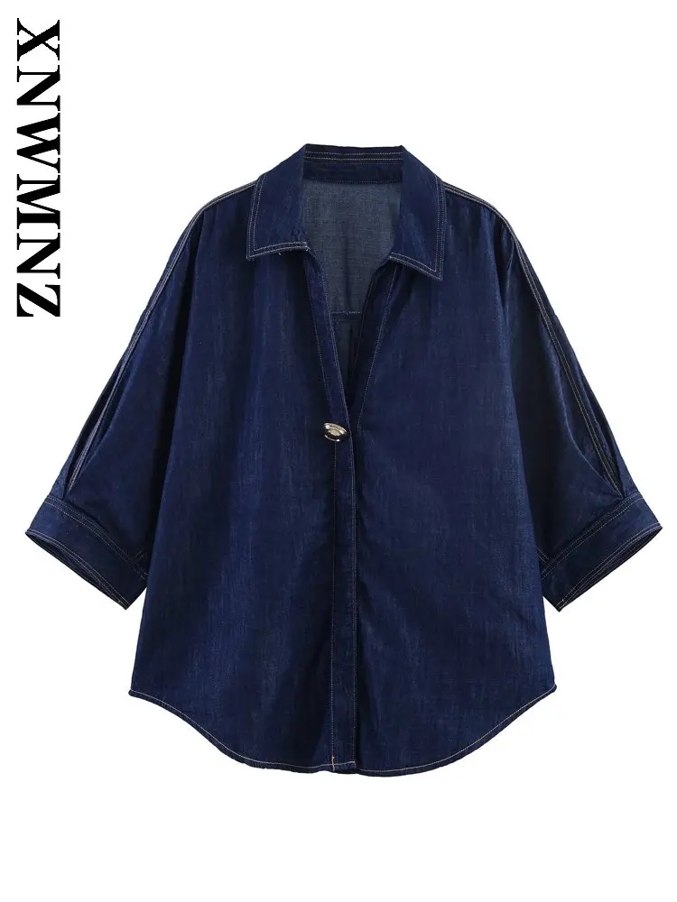 

XNWMNZ 2026 Spring Woman Versatile Long Sleeve Denim Shirt Vintage Simple Woman's Blue Turn-down Collar Preppy Long Sleeve Top