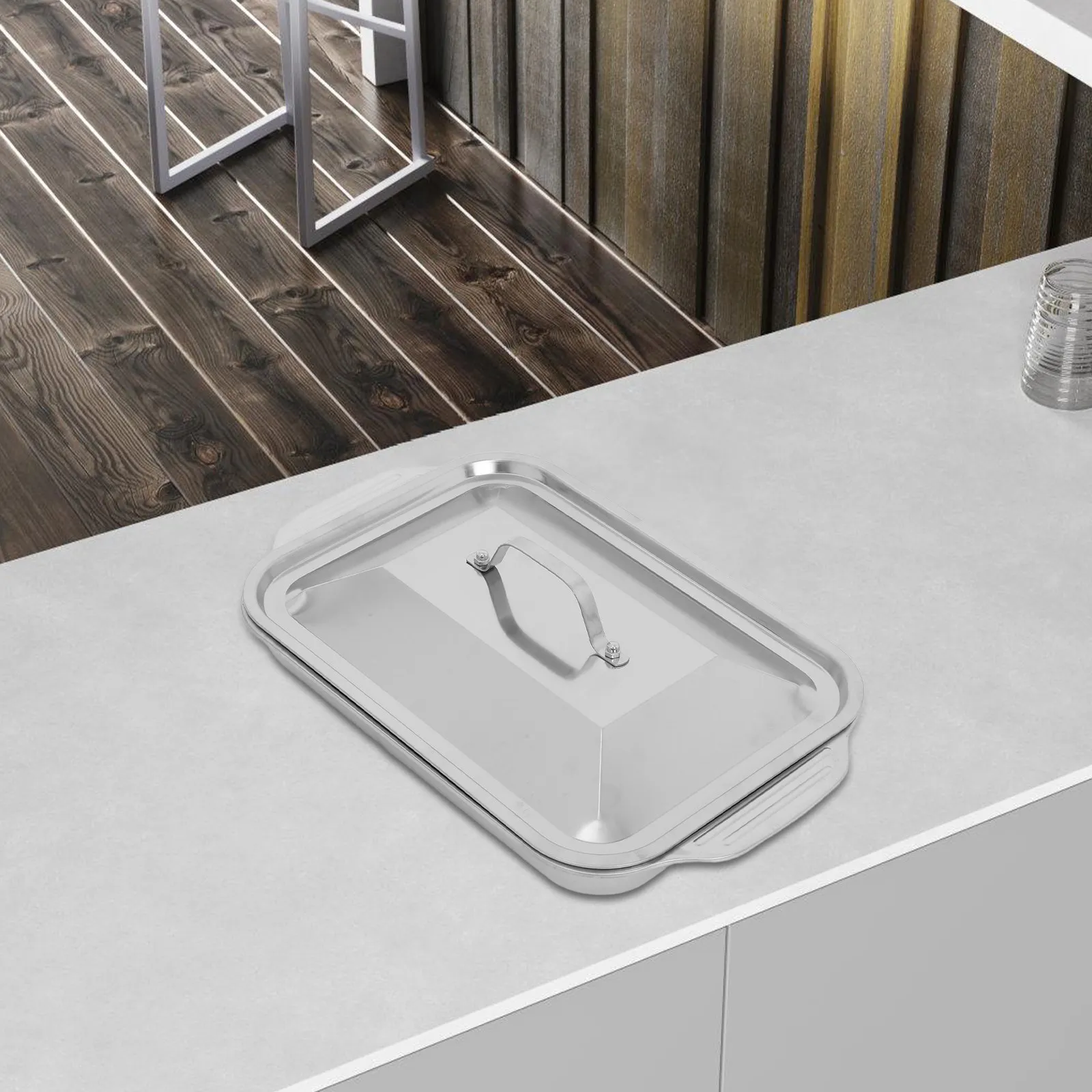 Plat de cuisson rectangulaire profond en acier inoxydable pour poisson, avec couvercle, facile à nettoyer, pour four et service