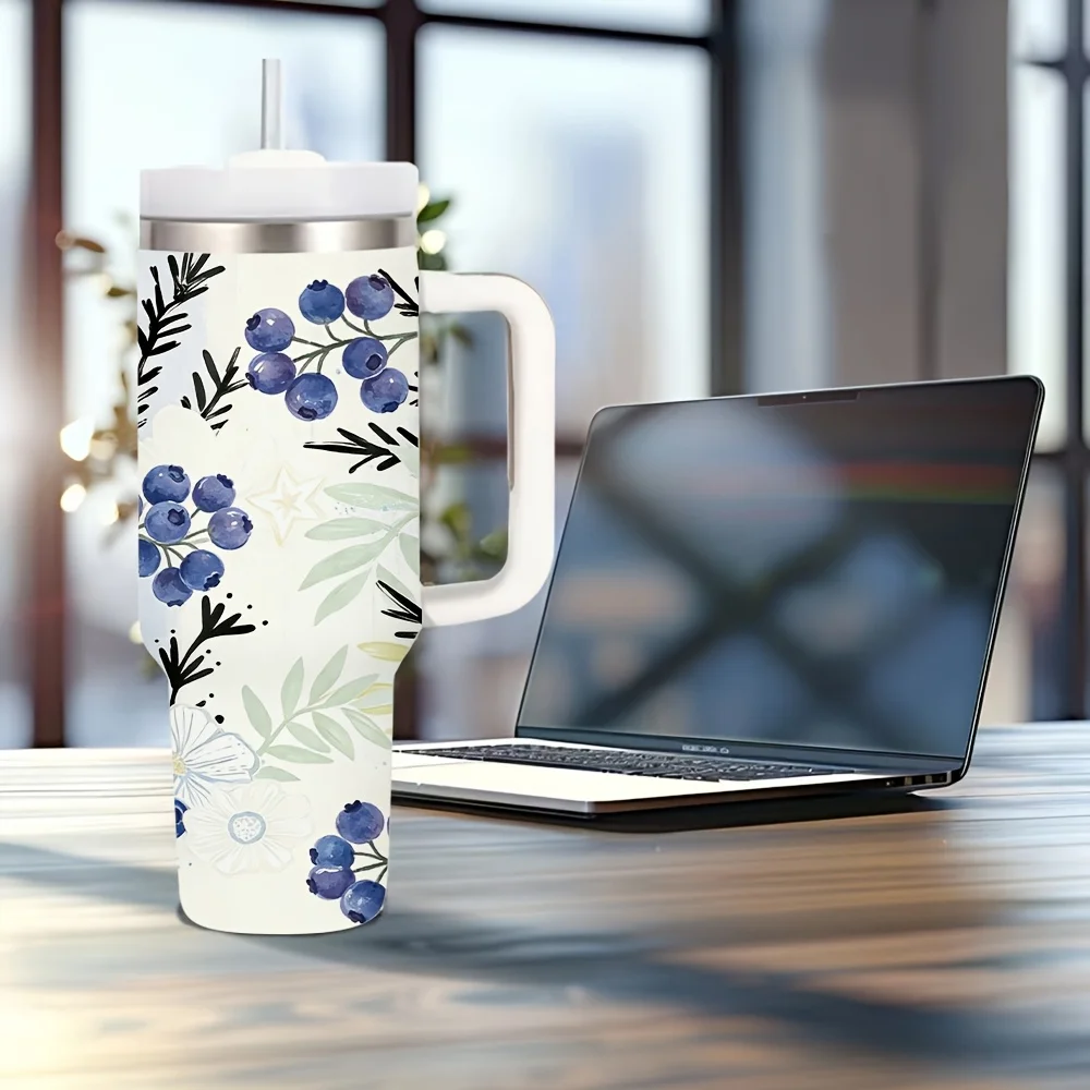 Blueberry White Floral Print 40oz Tumbler with Handle, Perfect Christmas Halloween Festival Gift, Suitable for Everyone Daily Use All Year Round, Ideal for Office Outdoor Home Travel Daily Scenarios