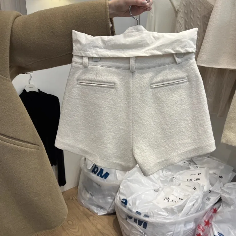 Faionable High Waist Woolen  orts Women's Casual Pants Slimming Sle Korean Commute Pure Color Autumn Winter New Arr...