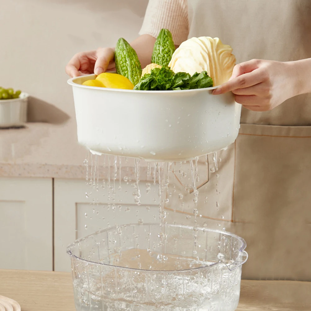 

3Pcs Double Layer Drainer Basket White Small Medium Large Kitchen Waterproof Fruit Vegetable Washing Baskets Storage Tool
