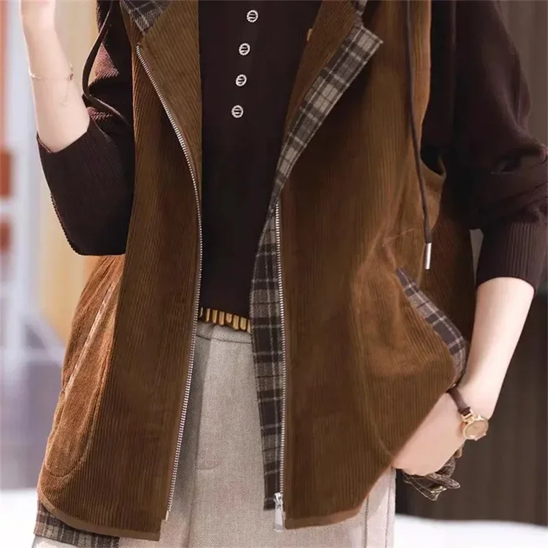 Spring Autumn Corduroy Vest Coat Women\'s New 2024 Loose Large Size Vests Jacke Khaki Brown Hooded Waistcoat Outwear Tops Female