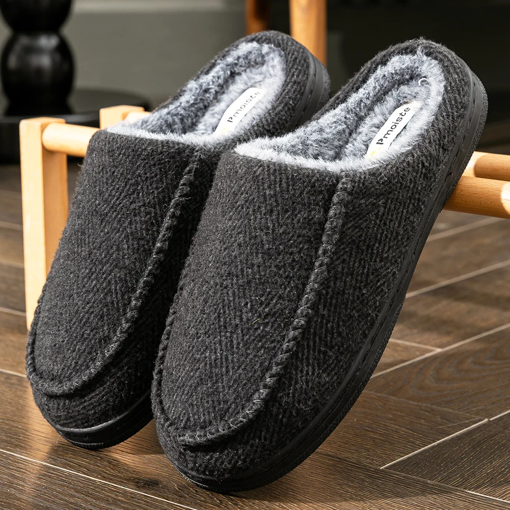 Luxury Woolen Slippers for Men With TPR Sole Memory Foam Platform Warm Soft Cushion Non Slip Plaid Design House Shoes
