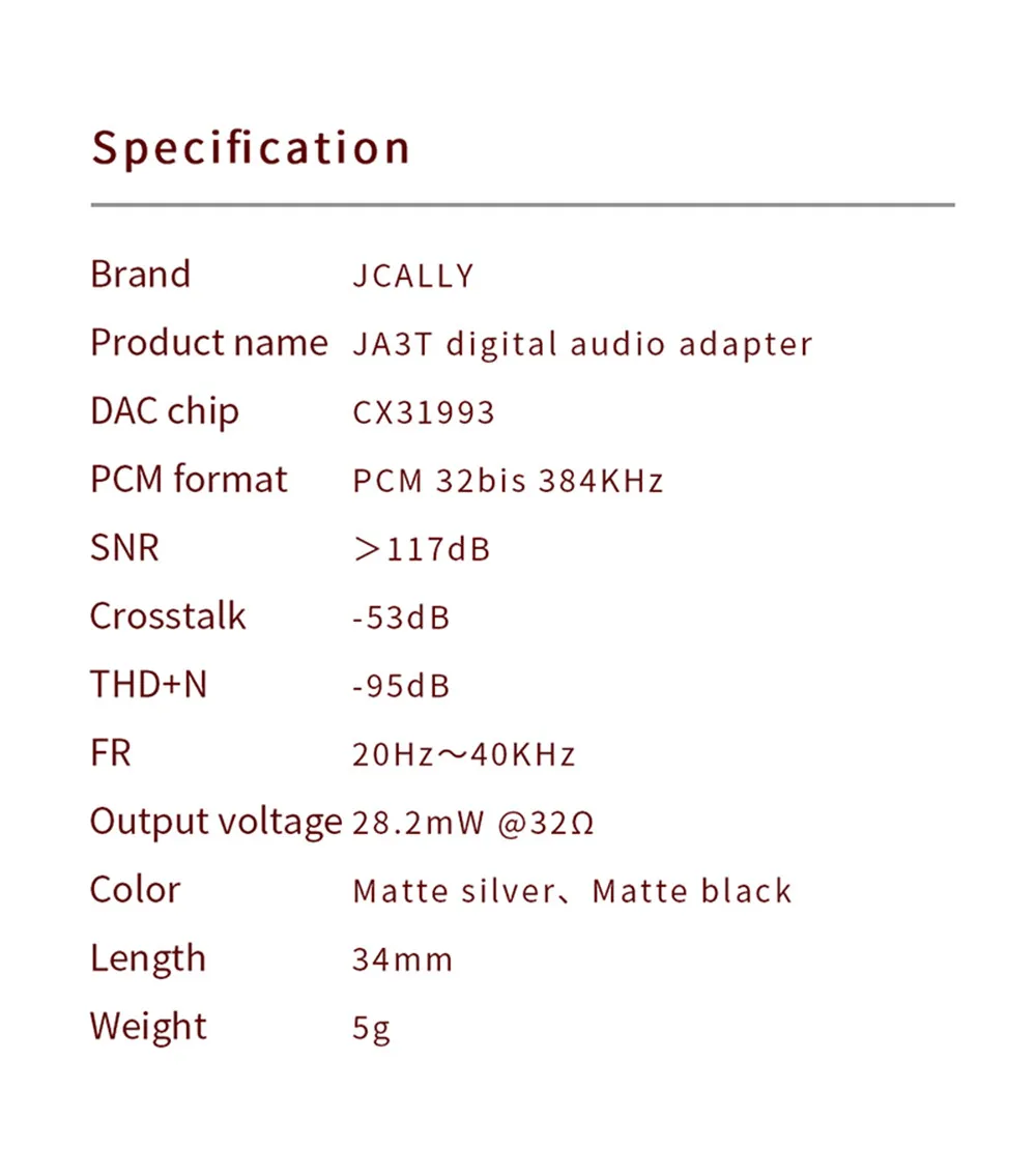 JCALLY JA3T Digitale Audio Draagbare Decodering CX31993 DAC Type-C naar 3.5mm Hoofdtelefoonversterker Hifi 32bit/384KHz L Plug Adapter