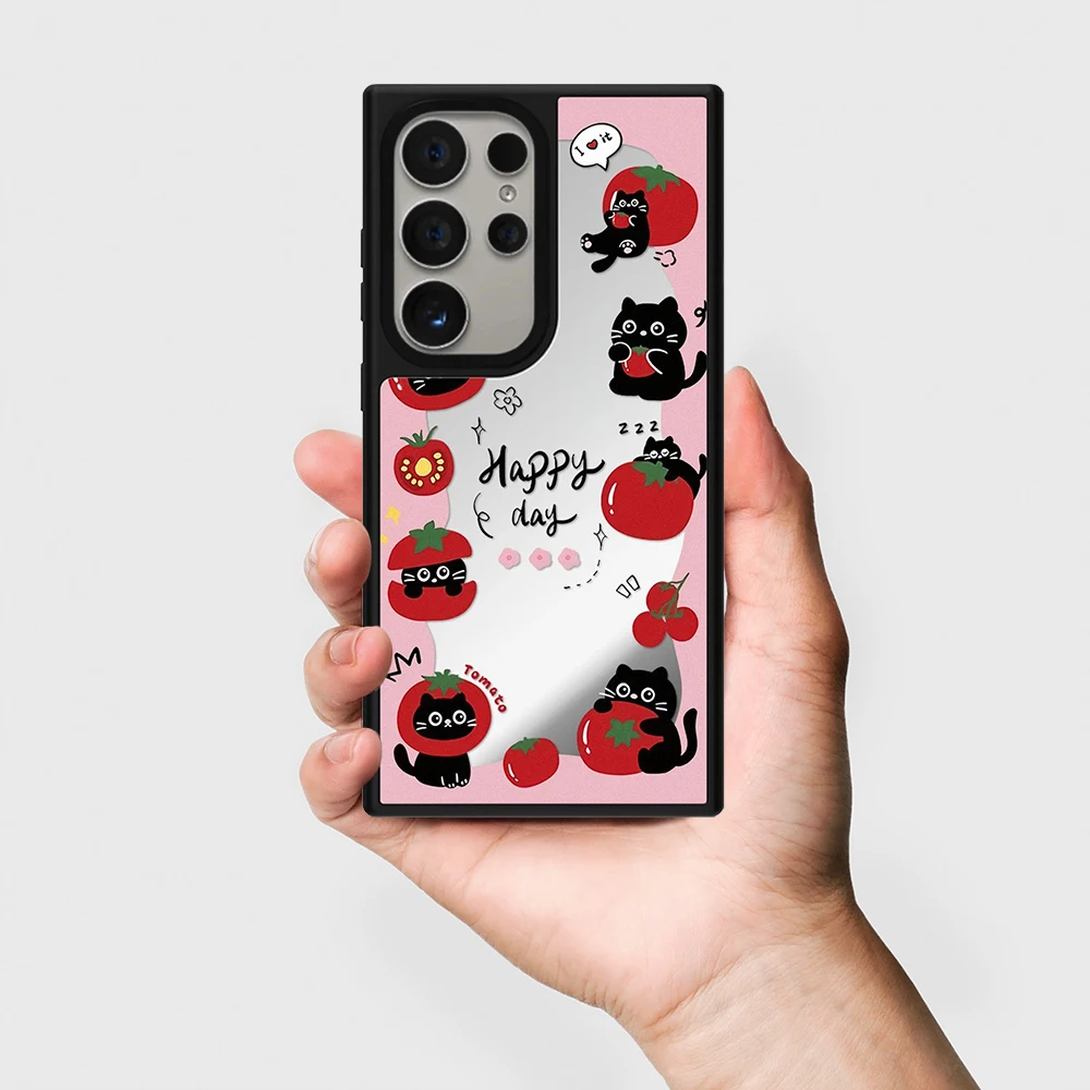 

Cute Tomato Black Cat Pattern Mirror Surface Case for Samsung Galaxy S26 S25 S24 S23 Ultra S26U S26 Plus Protective Case