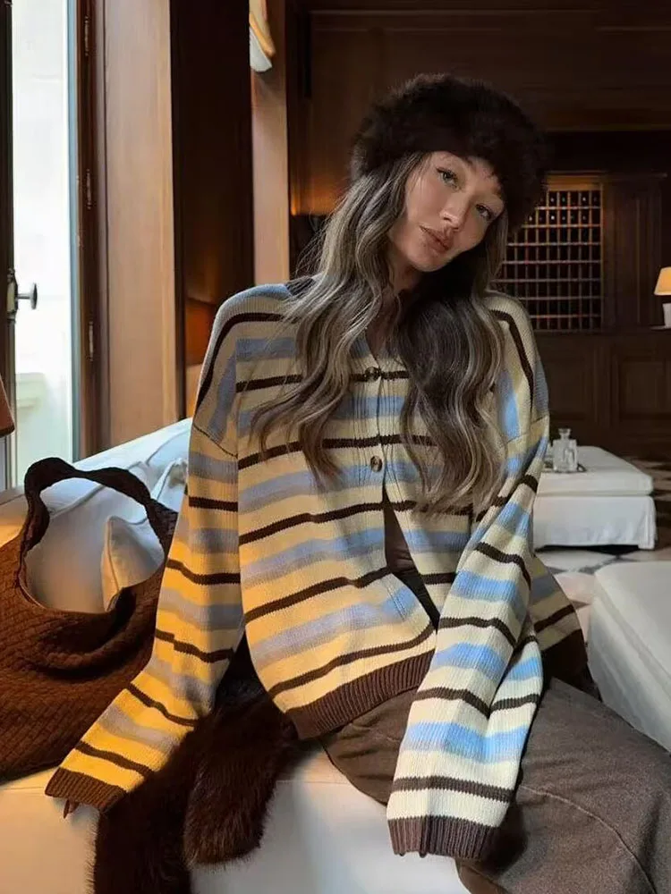 

HH Women's Fashion Versatile Warm Long-Sleeved Striped Knitted Cardigan Female Chic Elegant Round Neck Single-Breasted Sweater