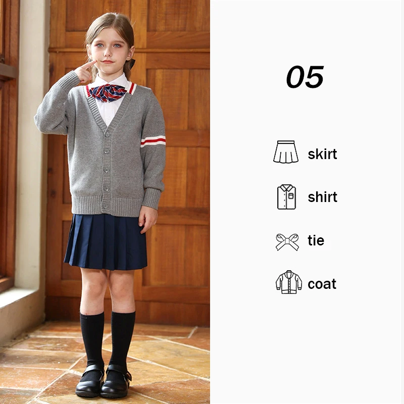 Bambini Autunno Inverno Maglione Uniforme Uniformi della scuola primaria Cappotto lavorato a maglia stile britannico Gonna a pieghe + Cravatta + Camicie JK Suit