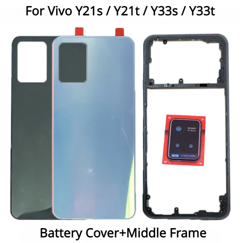 New Back Cover For Vivo Y21s Y21t Y33s Y33t Battery Cover+Middle Frame Rear Door Housing Case with Camera lens+Side Buttons