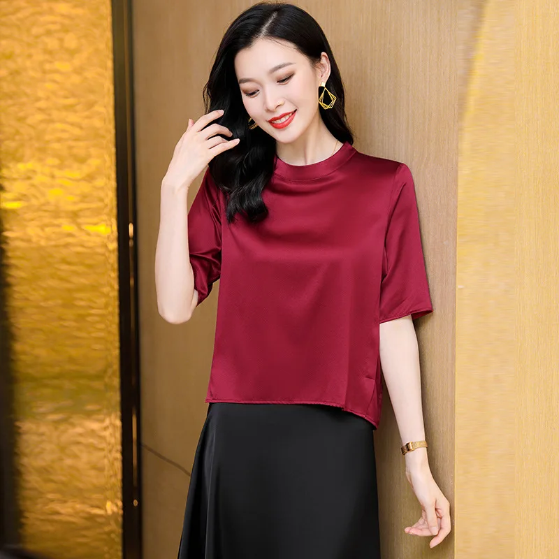 Solid Color 19MM 92% Silk Top Women's Summer Round Neck Loose Slimming Satin Natural Mulberry Silk Versatile Blouse