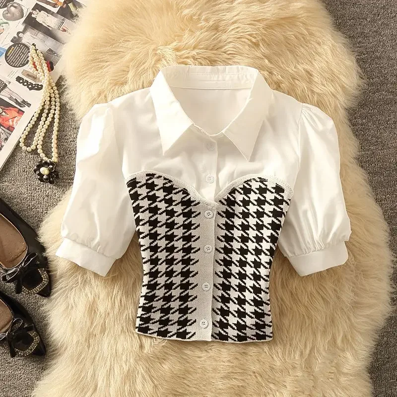 Polo Collar Stitching Houndstooth Shirt Women\'s Summer Design Sense Niche Pure Desire Sweet Hot Girl Short Puff Sleeve Top