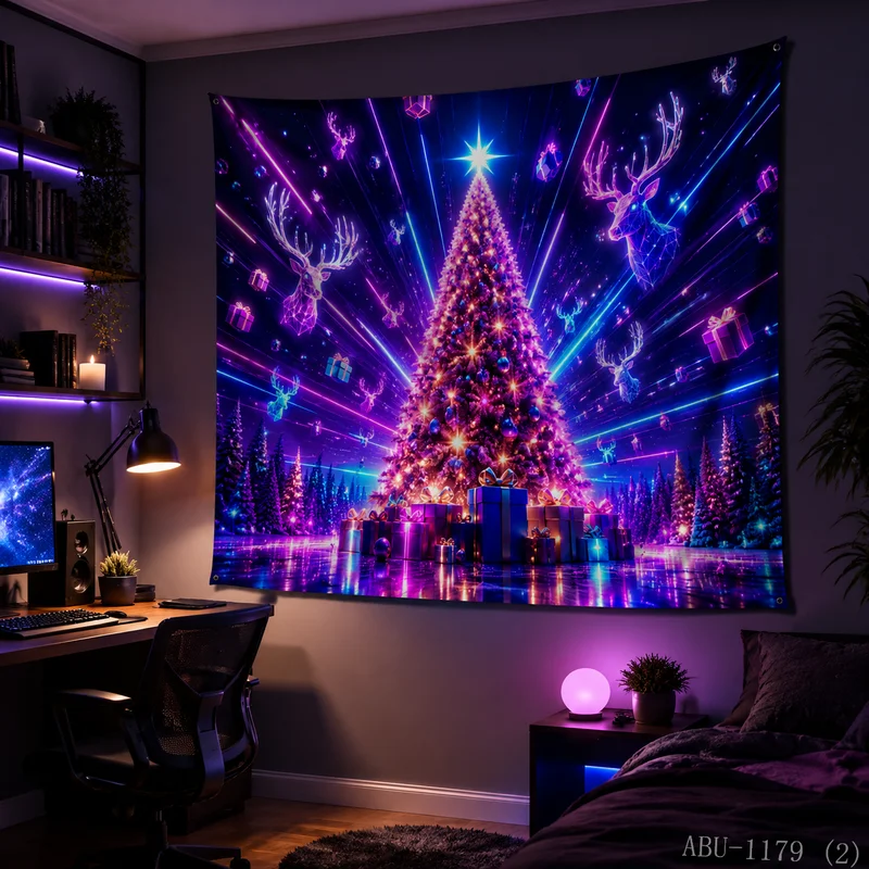 VIKAMA Cyber Light Track Crystal Deer Christmas Tree Gift Box Tapestry, HD Fabric, Glossy Modern Christmas Decor