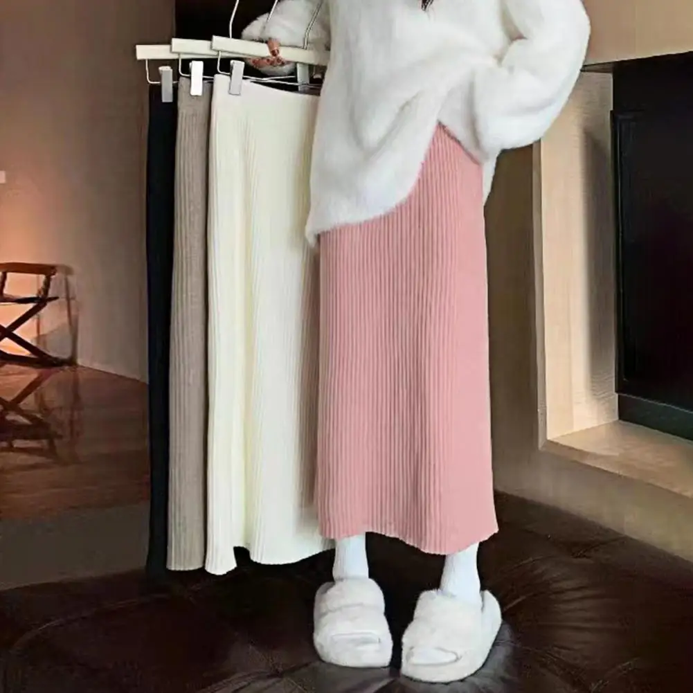 

Straight Fit Skirt Elegant Ribbed Knit Midi Skirt for Women High Waist Straight Fit Winter Skirt Versatile Wear for Autumn Solid
