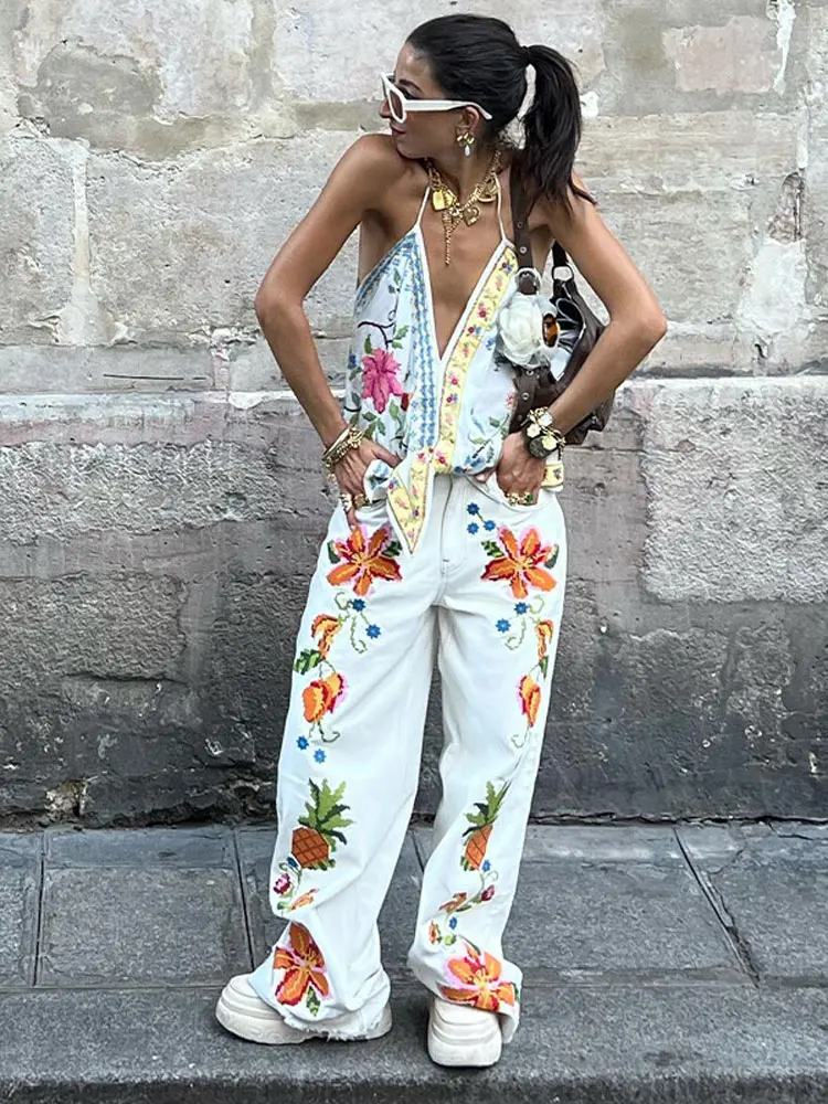 Chic Halter V Neck Sleeveless Sling Suit Sexy Backless Printed Casual High Waist Loose Pants Set 2025 Fashion Women Beach Outfit