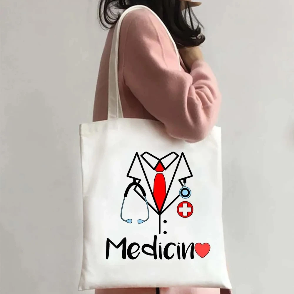 Doctor Coat Stethoscope Medicin Heart Print Canvas Tote Bag Daily Handbag For Medical Staff Work Shopping Campus