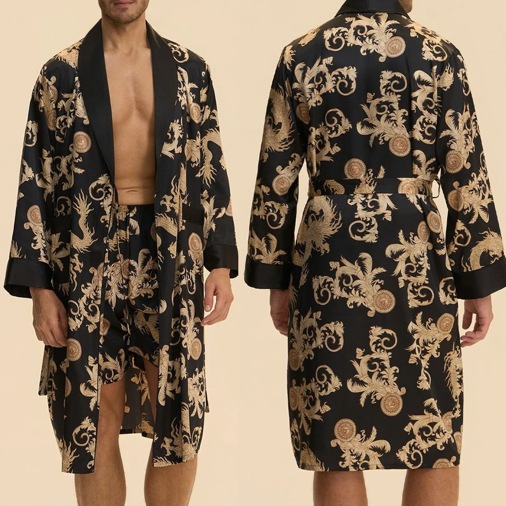

Men's Sleepwear 2PCS Robe Shorts Pajamas Set Dragon Print Kimono Bathrobe Gown Spring Summer New Nightwear Silky Satin Homewear
