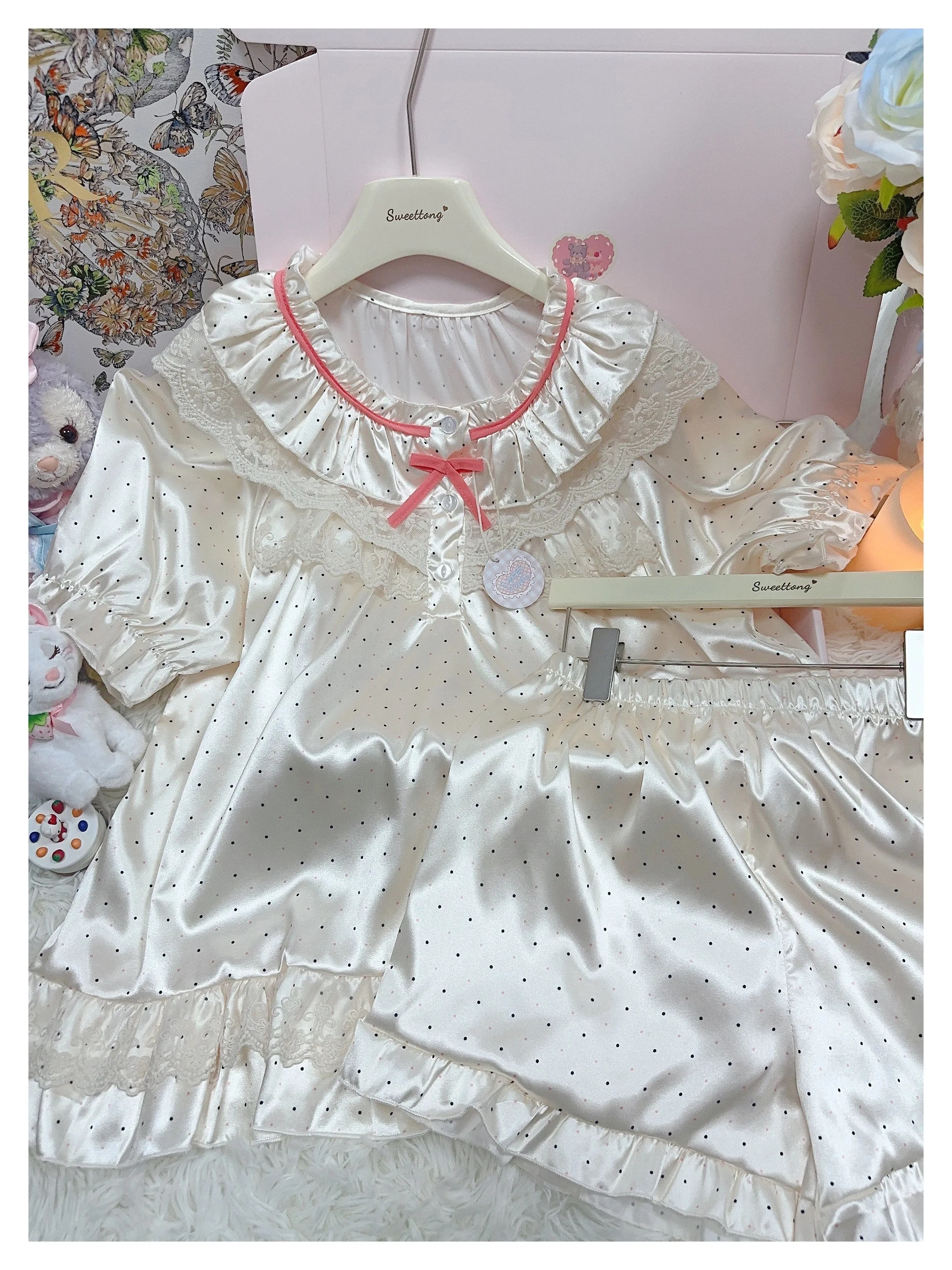 Spring Autumn New Sweet Japanese Polka Dot Printing Cute Girl Ice Silk Pajamas Skin-friendly Cool Casual Lace Outdoor Loungewear