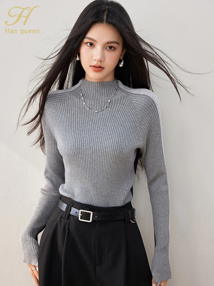 H Han Queen 2024 Autumn Colorblock Pullovers Sweaters Womens Korean Simple Basic Long Sleeve Loose Vintage Sweater Casual Tops