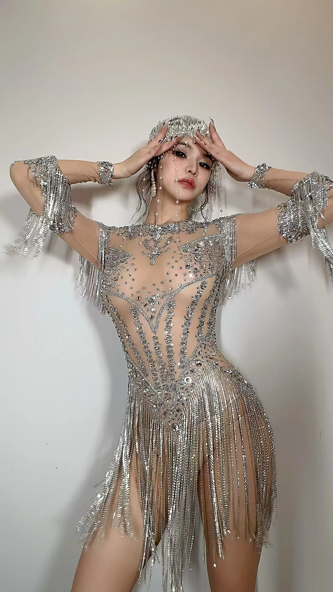 Women High-end Sparkly Rhinestone Tassel Bodysuit Party Stage Performance Sexy Bodysuit Dance Wear Latino Dance Dress Yixing