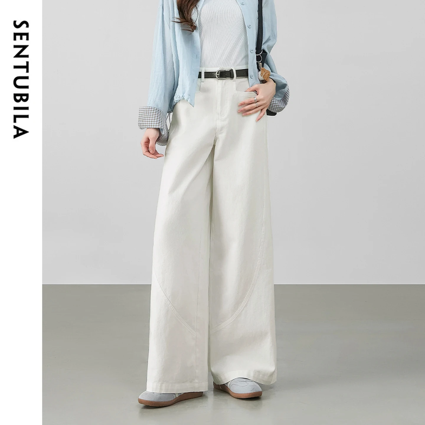

SENTUBILA Women's High Waisted Straight Pant 2026 Spring New Off White 100% Cotton Loose Minimalist Wide Leg Trouser W61KN6279