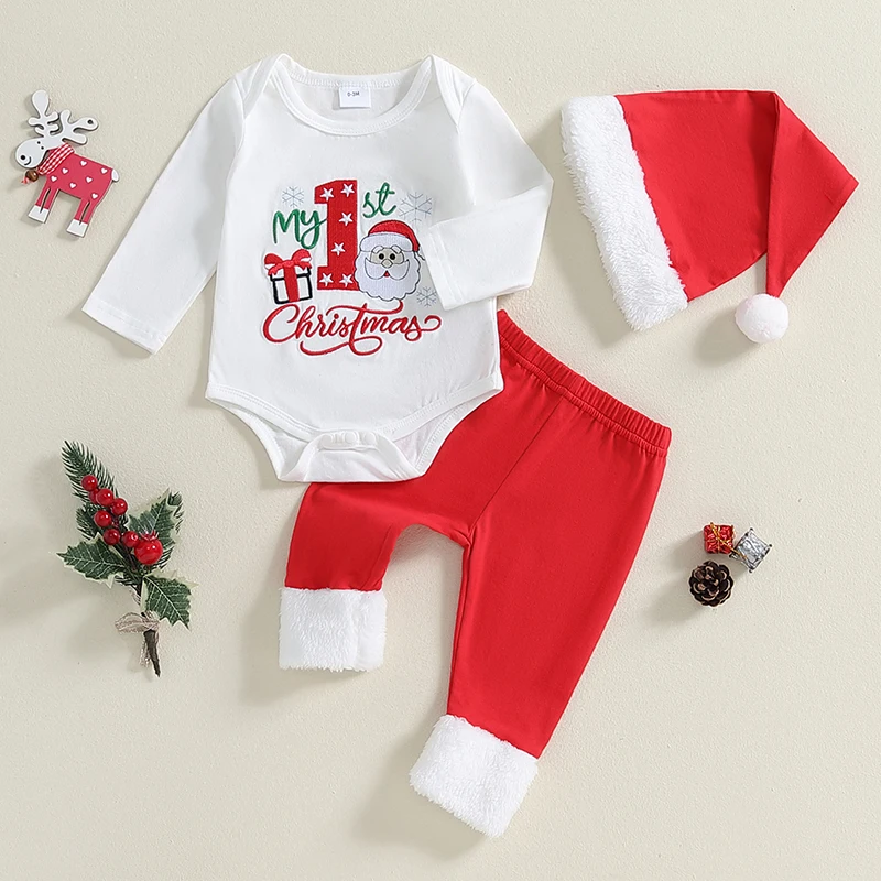 

Suefunskry Baby Boy Girl Christmas Outfit, Letter Print Long Sleeve Romper Plush Trim Elastic Waist Pants Santa Hat 3 Piece Set