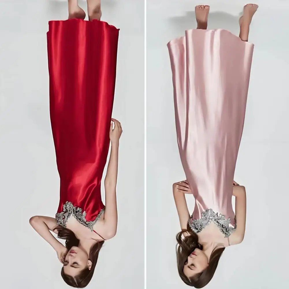 

2025 Women's Satin Lace Nightgown Spaghetti Strap Slip Dress V Neck Maxi Lace Splicing Nightgown Silky Chemise Nightdress