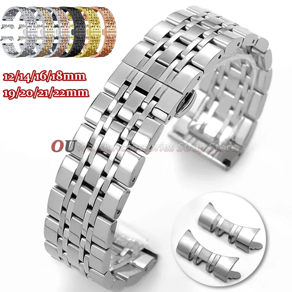 18mm 20mm 22mm Gebogenes Edelstahl-Armband Universelles Smartwatch-Armband für Herren 12/14/16/19/21mm Schmetterlingsverschluss Handgelenksband