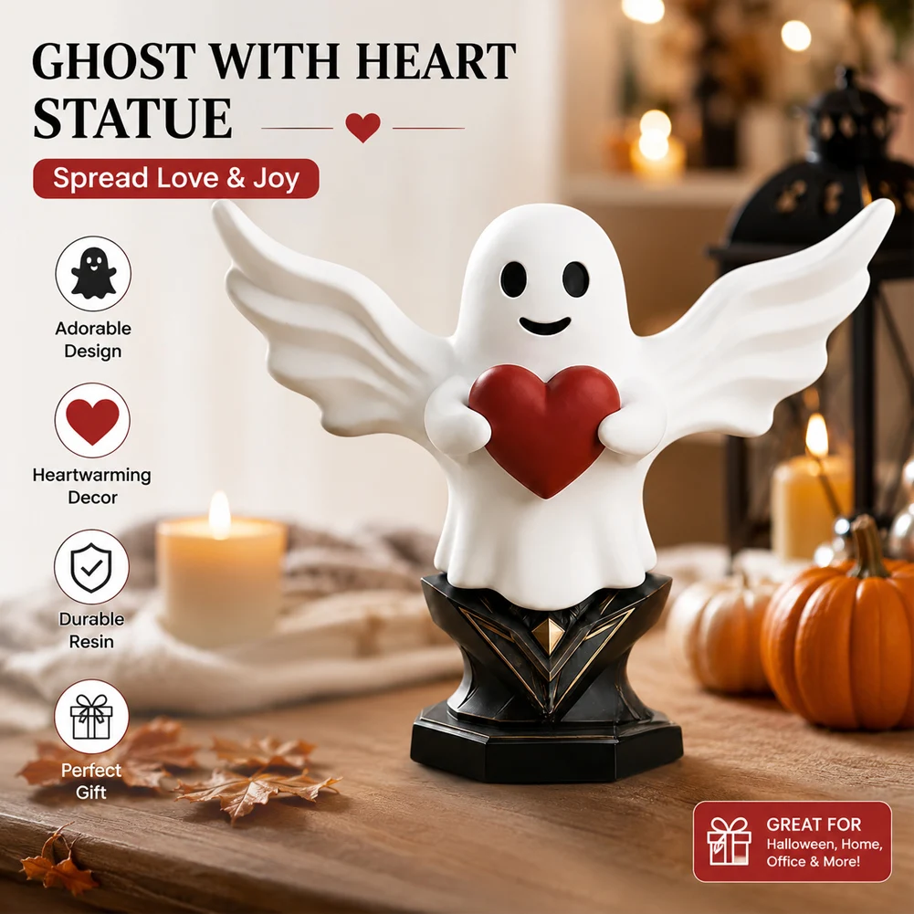 Contemporary Resin Statue of Cheerful For Spirit with Heart Detail for Indoor Tabletop Shelf or Mantel Placement