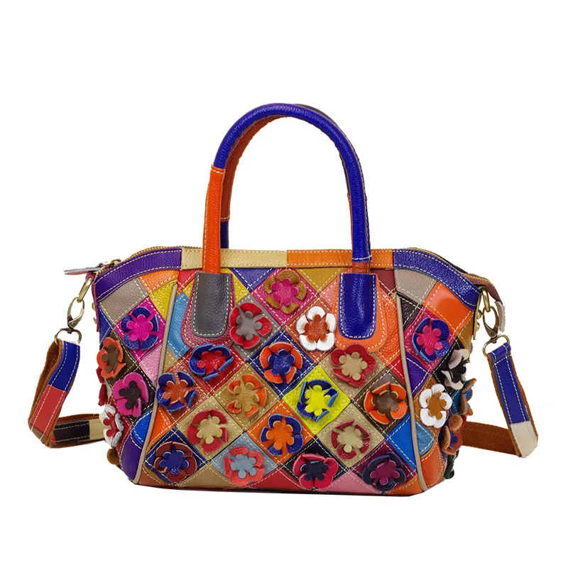 

2025 Fashion Designer Women Retro Genuine Leather Handmade Color Flower Handbags Stitching Cowhide Tote Bag Party Crossbody Bag
