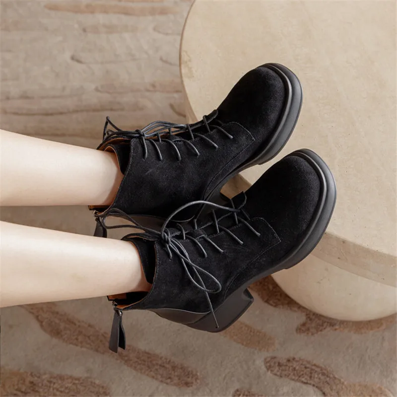 Nowe jesienno-zimowe buty damskie Square Toe Chunky Heel Boots for Women Platform Boots High Heel Cow Suede Short Boots Handmade