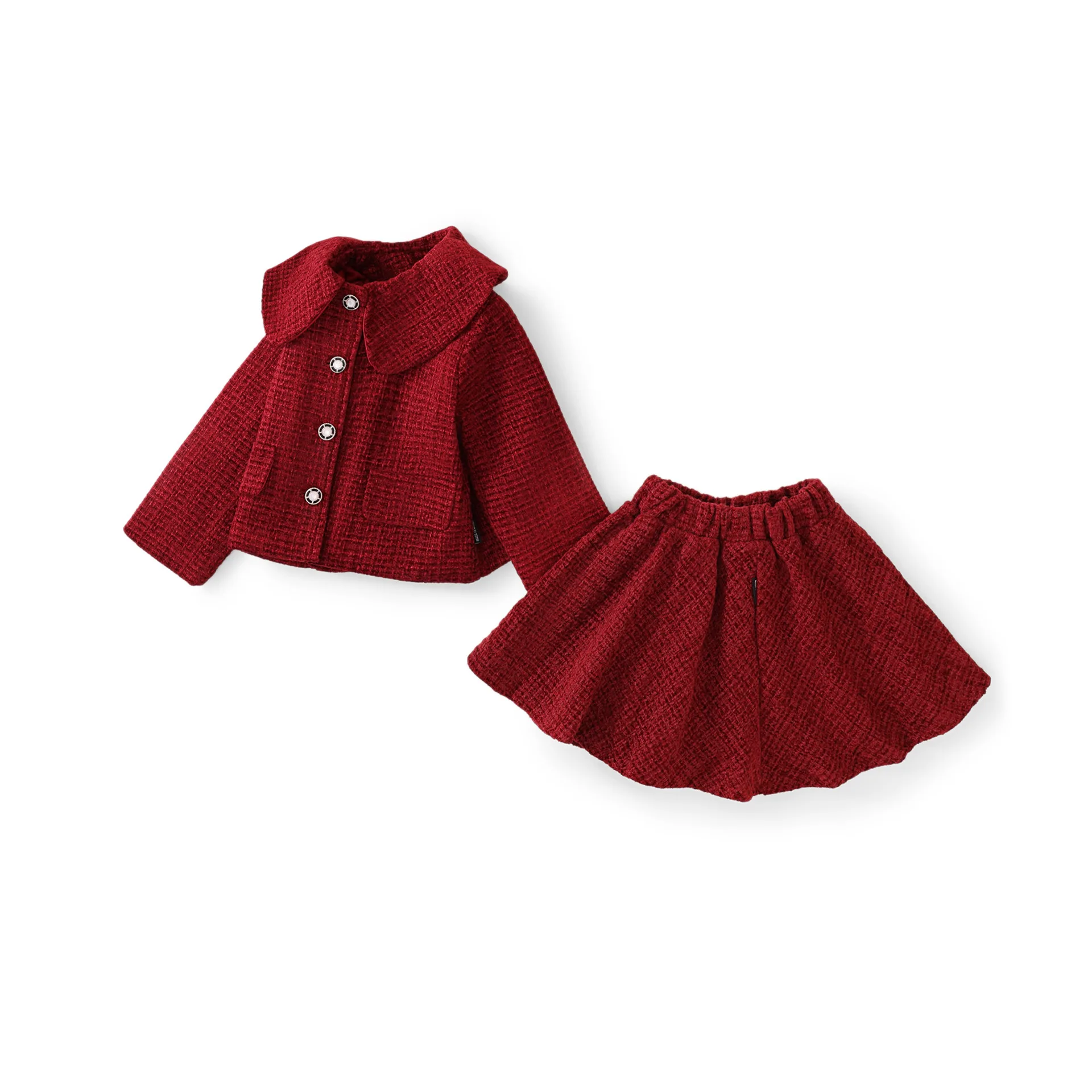 

Red Baby Cotton Woolen Jacket Skirt Set Sweet Girl Two-Piece Outfit Autumn Winter Children's Birthday Clothing for Girls