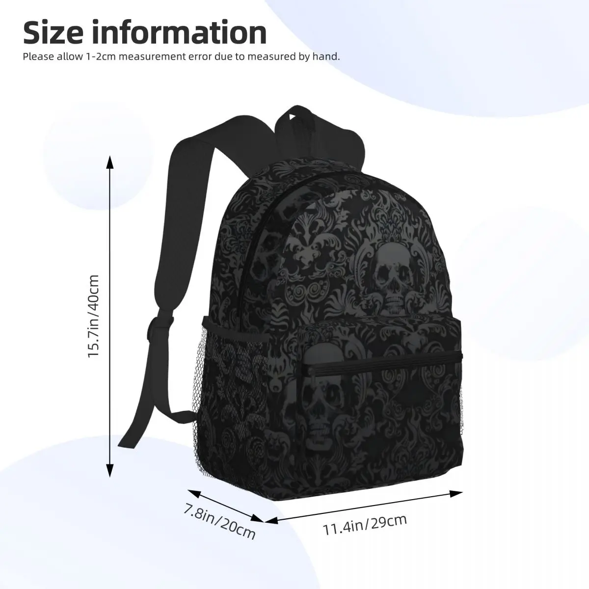 Gothic Black Skull Damask Background Casual Daypack Travel School Bag z kieszeniami dla kobiet College