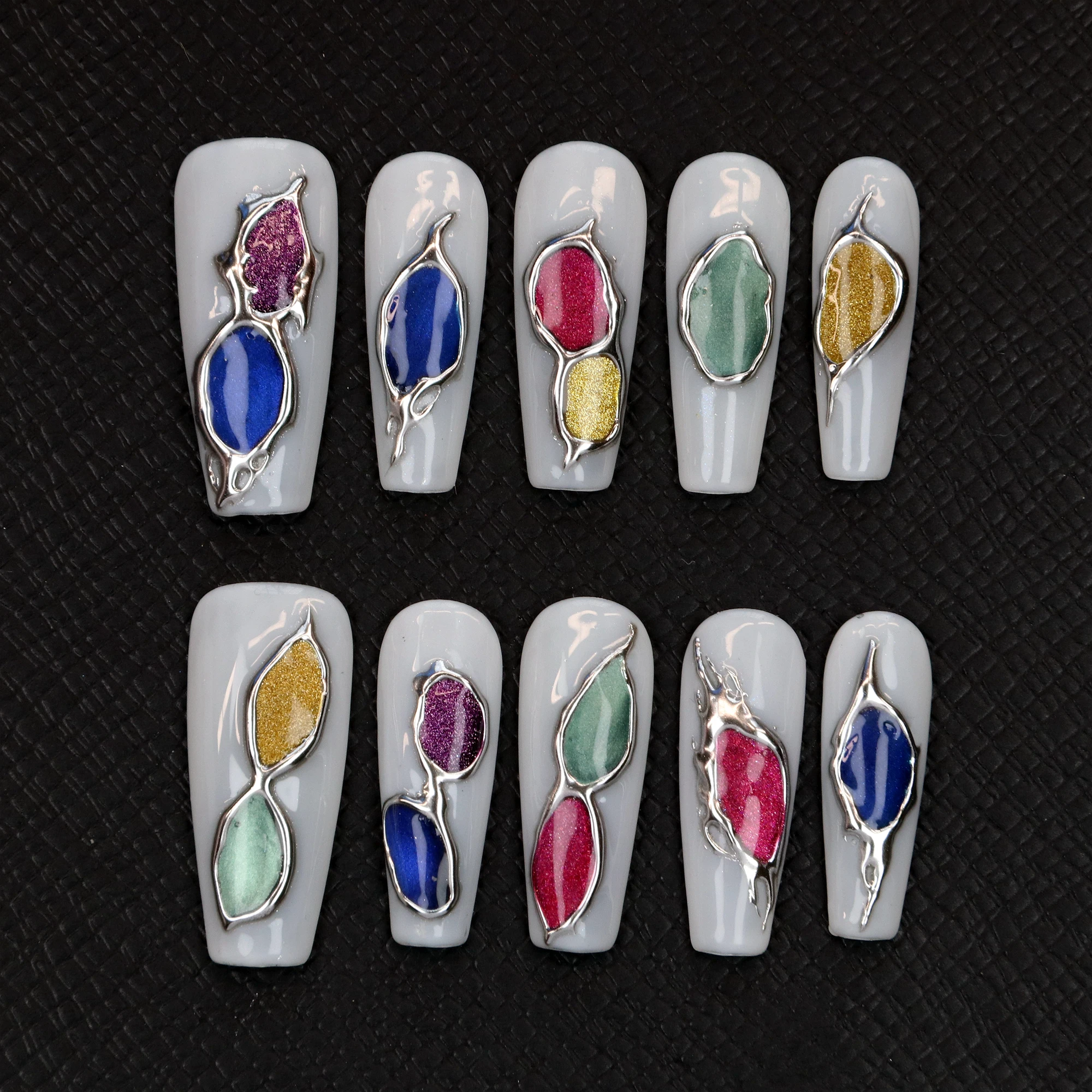 

10Pcs Gothic Long Coffin Press On Nail,Dark Glam Punk Rock Fake Nails,Custom 3D Metallic Silver,Rainbow Cat Eye Glitter Gel Nail