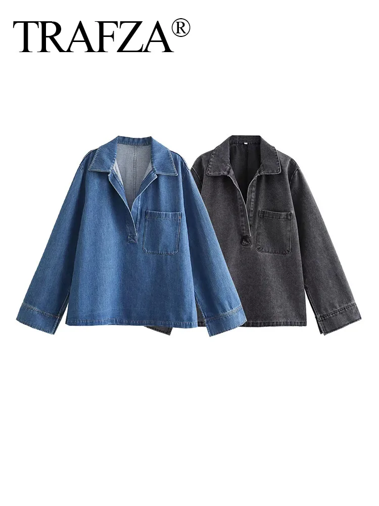 TRAFZA-Manteau Vintage en Denim pour Femme, Haut à Manches sulfavec Poches à Revers, Ourlet Fendu, Pull Solide, Automne