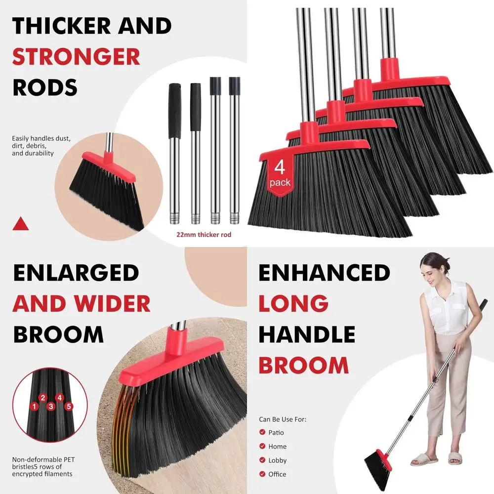 

Commercial Grade 55 Long Handle Brooms, 4-Pack, Black & Red, Ideal for Large Outdoor & Indoor Cleaning