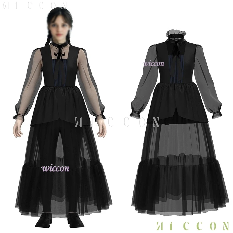 

Adults Hallow Suit Tv Wed. Cosplay Costume Adaams Gothic-style black tiered tulle skirt Halloween 2025 Black Long Gown