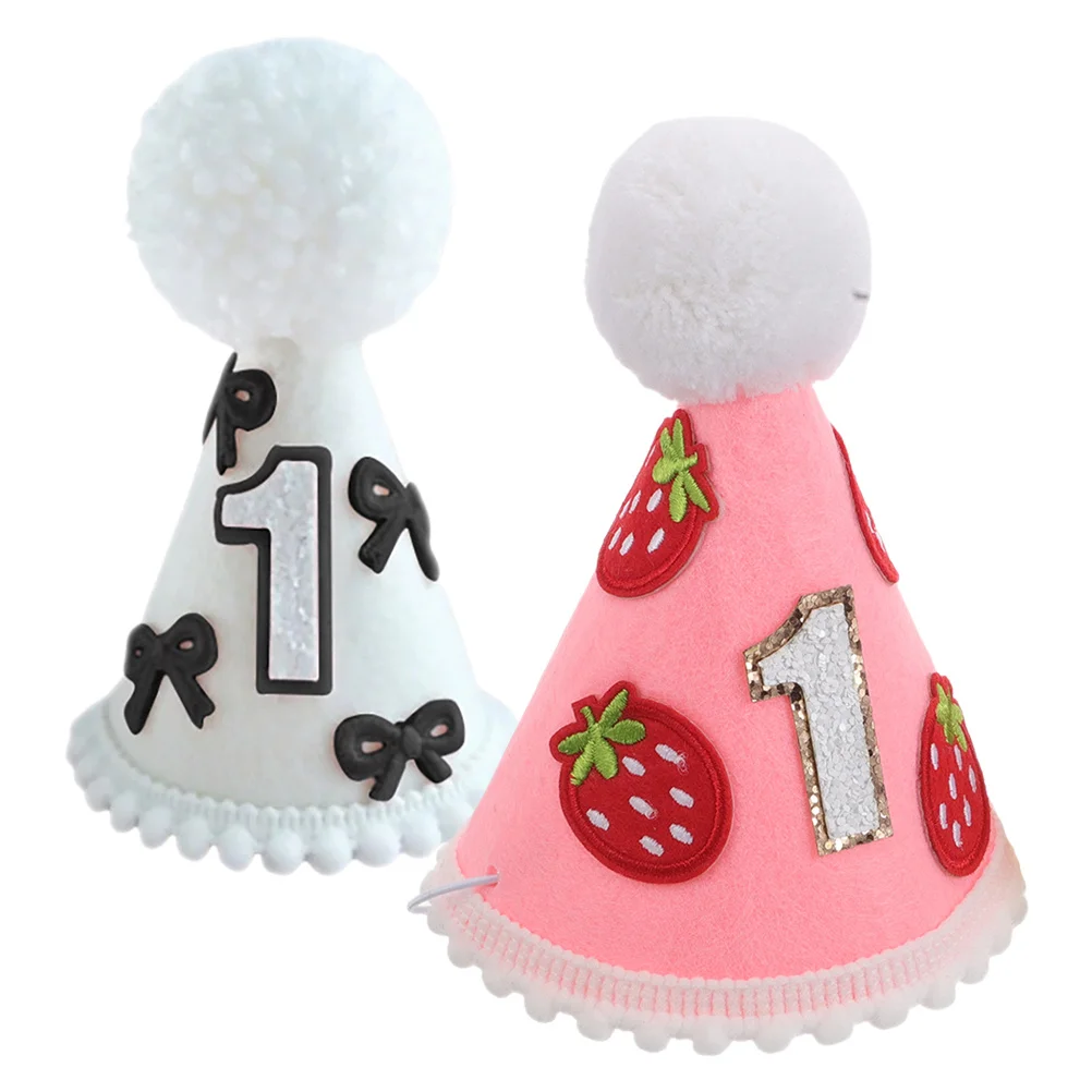 

2Pcs Baby Strawberry Crown Felt Hat First Birthday Party Cake Smash Photo Booth Birthday Hat Baby Girl