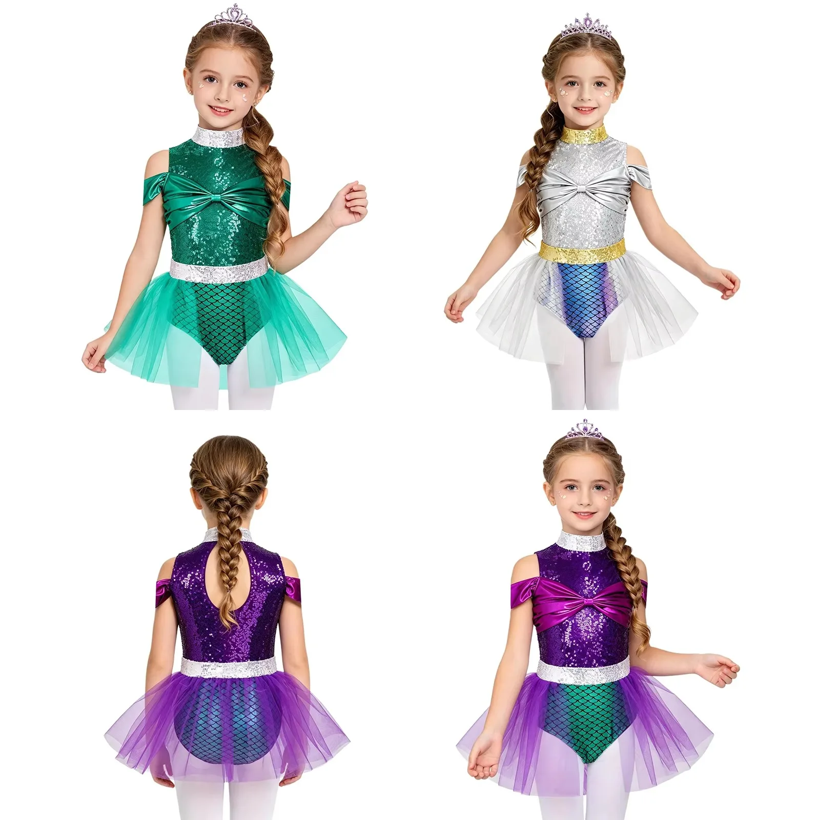 Kids Girls Halloween Theme Party Mermaid Ballet Dance Dress Metallic Shiny Fish Scale Sequin Bow Tulle Bodysuit Tutu Dancewear