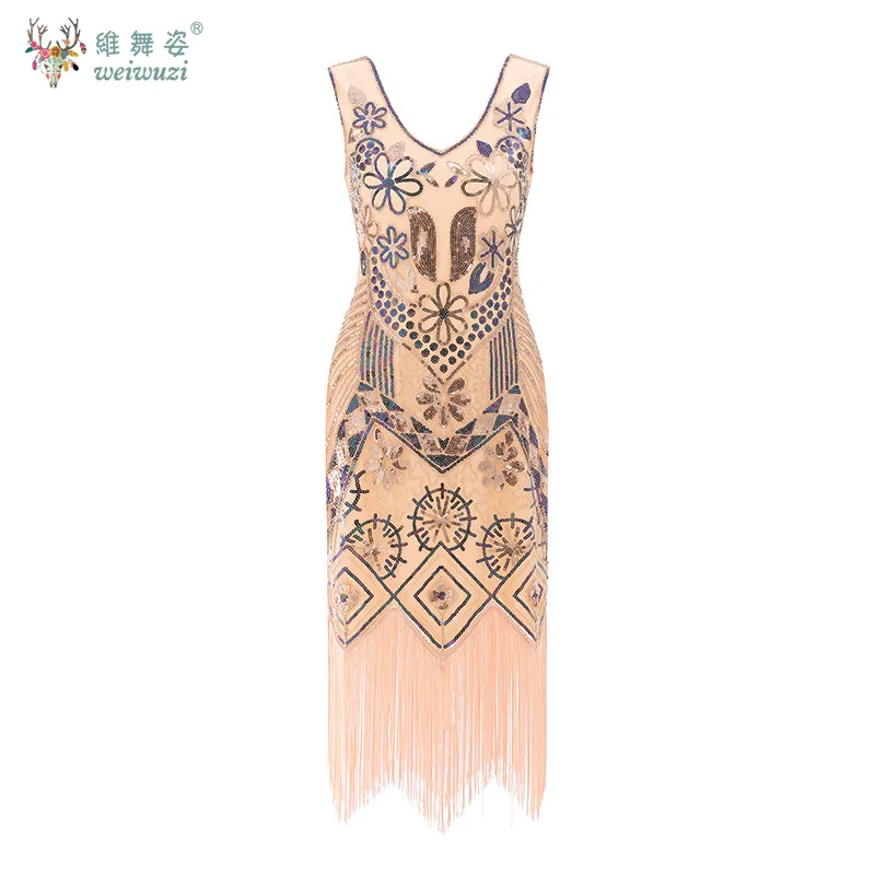 

Retro style V-neck tassel evening gown sleeveless sequin bead embroidery flower pattern dance evening gown performance costume