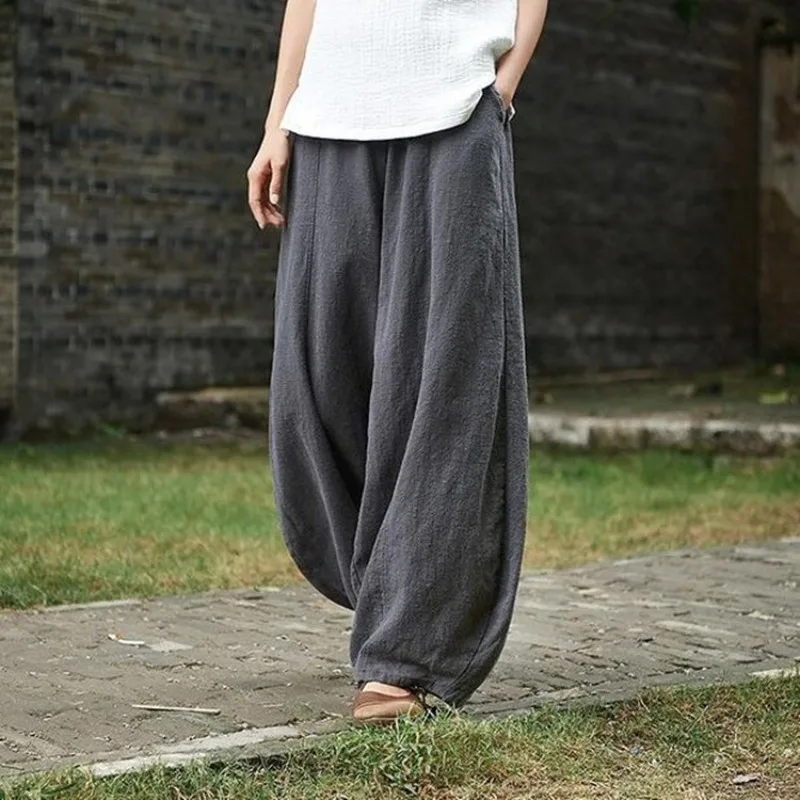 

Japanese new cotton and linen bloomers Zen elastic waist loose trousers women's casual trousers