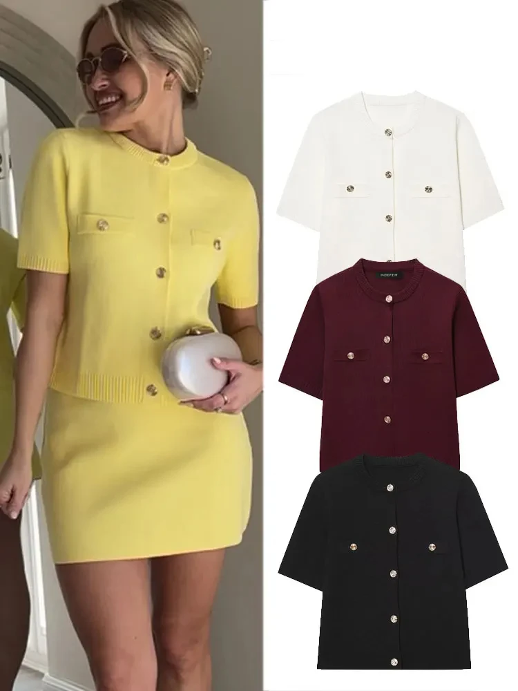 

HH 2025 летние женские повседневные вязаные топы с короткими рукавами в стиле ретро, короткие топы с круглым вырезом и металлической грудью, женская модная уличная одежда