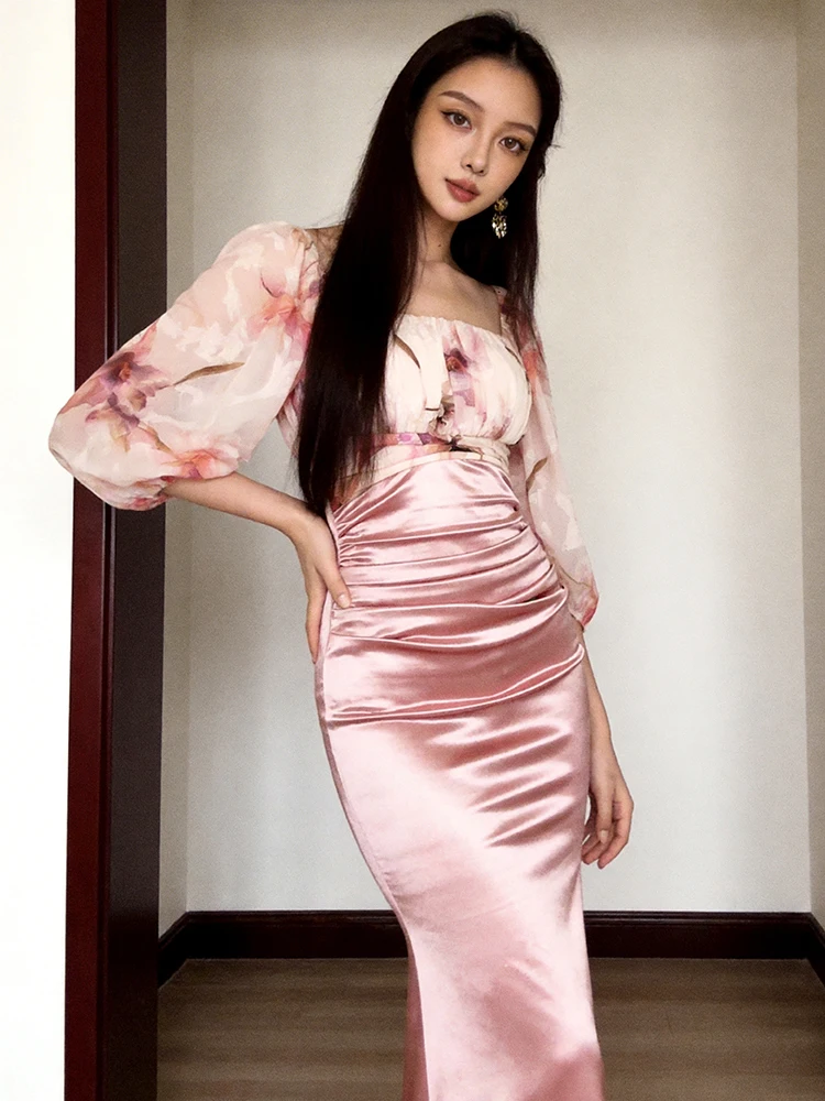 Summer Elegant Pink Floral Square Neck Midi Dress Chiffon Satin High Waist Bodycon Vestido Robe Formal Cocktail Party Gown Daily view 6