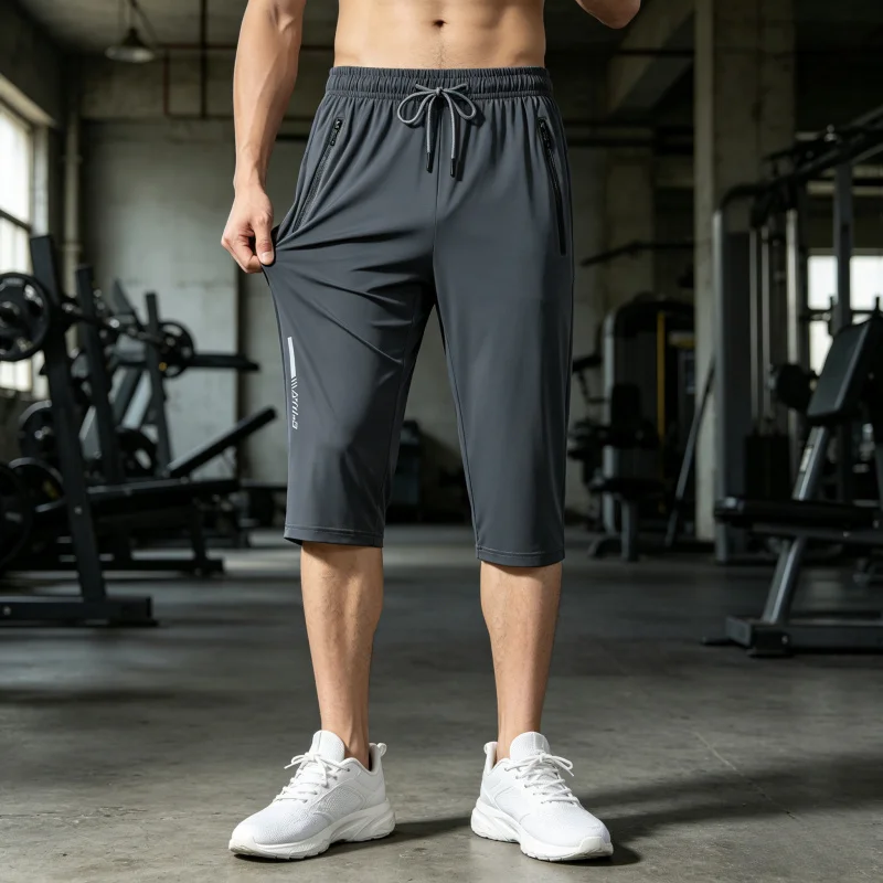 Men's Ice Silk Capri Shorts Plus Size Quick-Dry Elastic Waistband Letter Print Zipper Pockets Sports Pants image 4