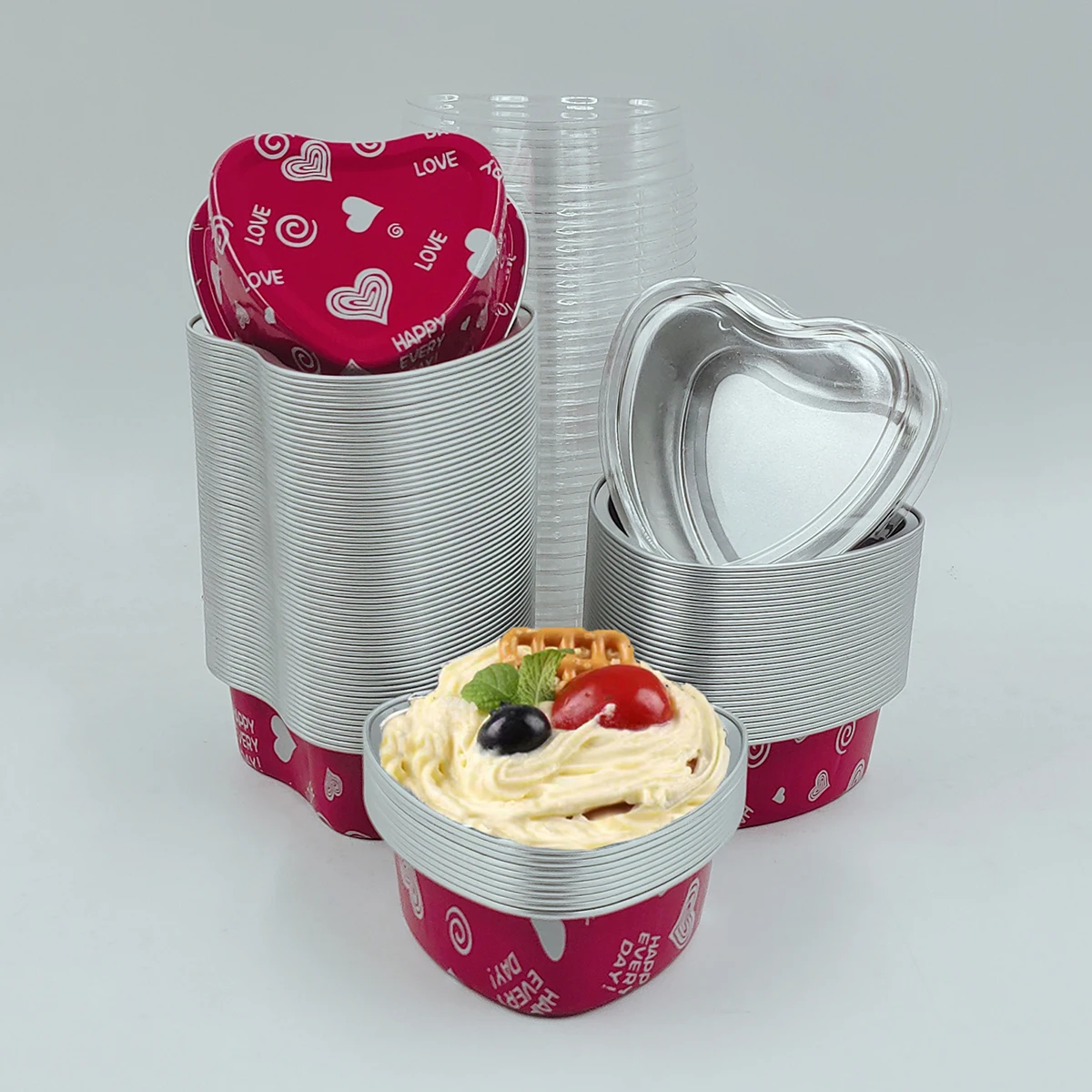 20pcs Heart-Shaped Aluminum Foil Cake Cups with Lids,Heat Resistant Baking Cups, Pudding Cupcake Cup,Perfect for Valentine\'s Day