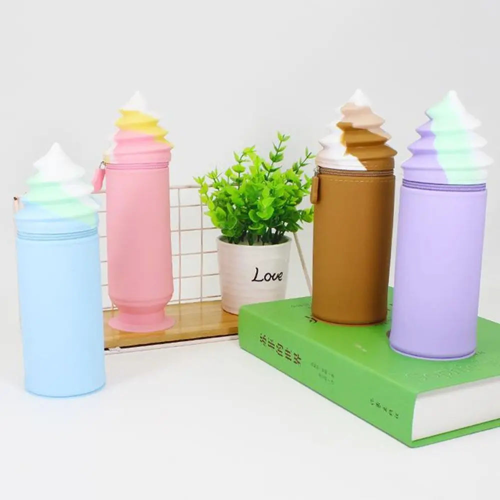 

Practical Suction Cup Pen Holder Silicone Cute Ice Cream Pencil Bag High Capacity Cartoon Stationery Organizer Case For Students