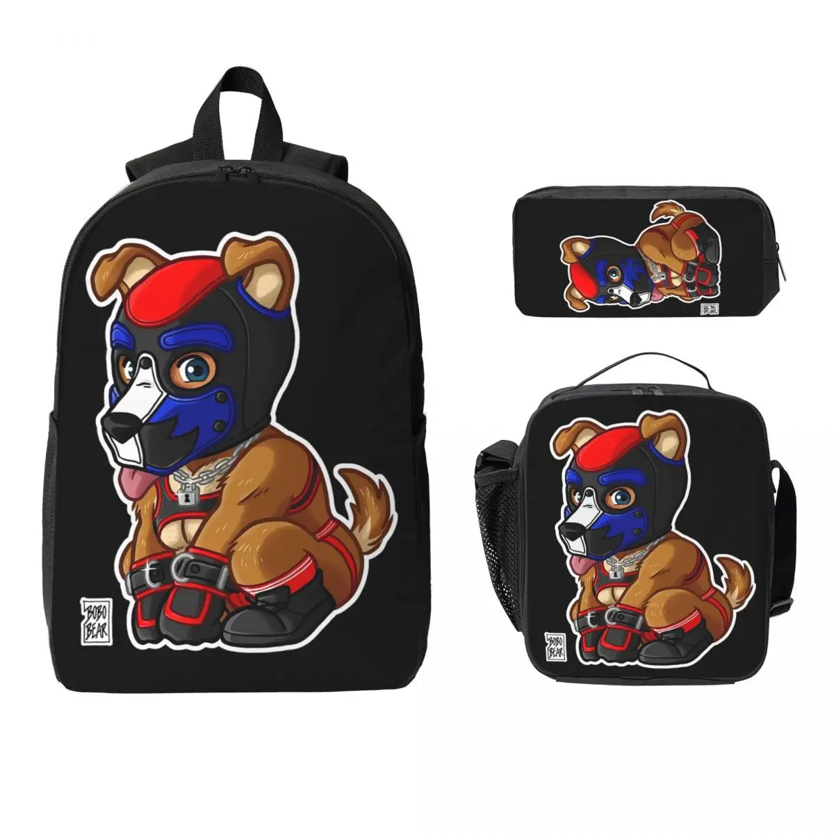 PLAYFUL PUPPY BLUE RED MASK BEARZOO SERIES Backpack BookBag School Bag Computer Shoulder Bag 3ps Insulated Lunch Bag Pencil Case