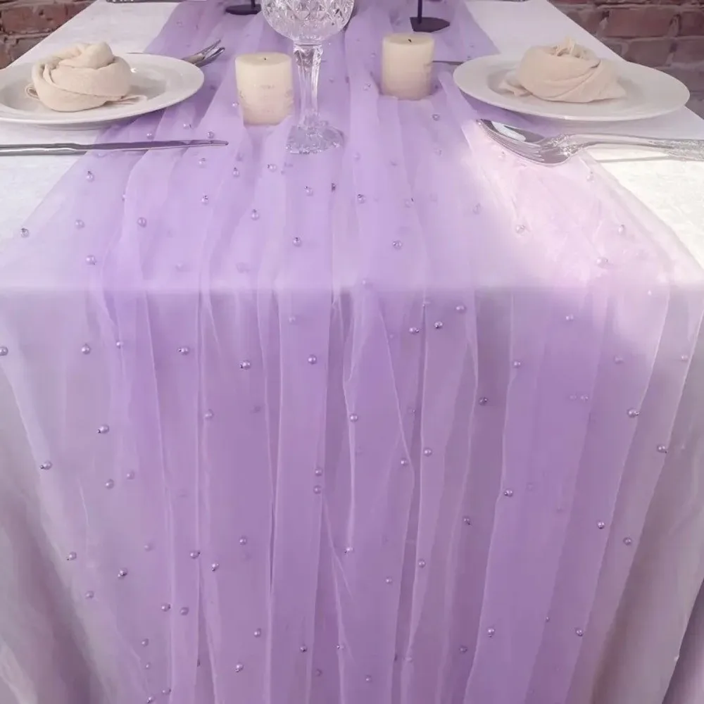 0.75*3 Meters Table Flag Pearl Tulle Gauze Mesh Pearl Chiffon Semi Transparent Sheer Drapes Table Runner Dining Decoration